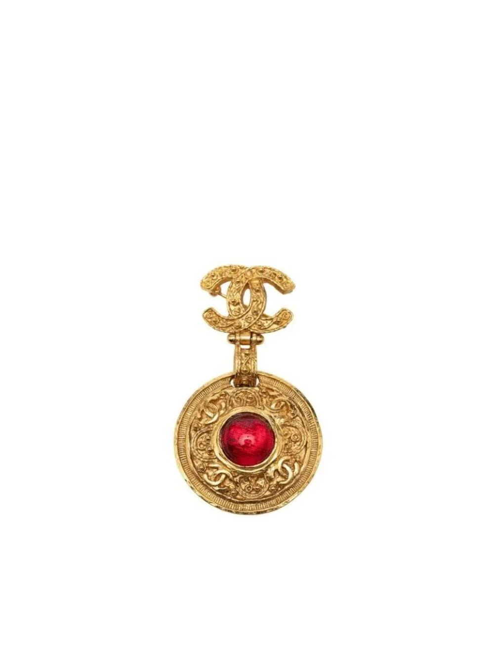 Chanel CC Logo Gripoix Round Brooch 04 Gold Red Plated Glass